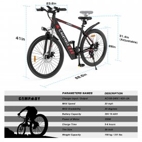 Campmoy 350W Electric Mountain Bike, Shimano 21-Speed Shifter, Built-in 36V/10.4Ah Battery, Adult Ebike Electric Bicycle with 4 Working Modes, Up to 20MPH Speed, IPX5 Waterproof, Free Bike Lock