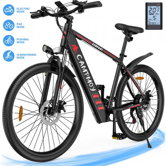 Campmoy 350W Electric Mountain Bike, Shimano 21-Speed Shifter, Built-in 36V/10.4Ah Battery, Adult Ebike Electric Bicycle with 4 Working Modes, Up to 20MPH Speed, IPX5 Waterproof, Free Bike Lock