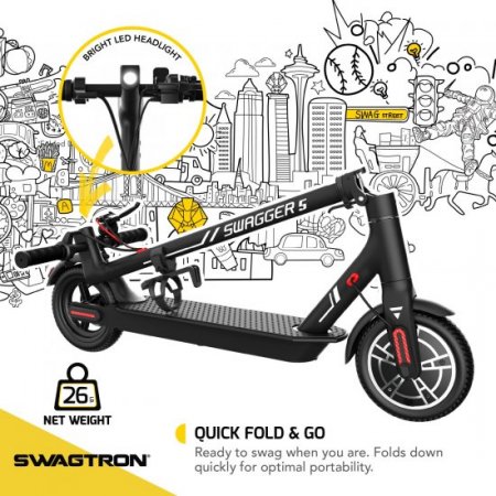 Swagtron App-Enabled Swagger 5 Boost Commuter Electric Scooter Upgraded 300W Motor Quick Folding 18 MPH Max Speed No-Flat Tires Enhanced Long Range (2021 Model)