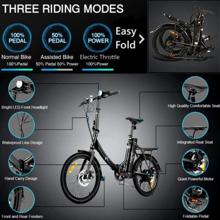 20'' Electric Folding Bike 350W Electric Mountain Bicycle for Adults, Lightweight E-Bike with 36V 10.4AH Removable Battery Throttle & Pedal Assist 7 Speed Moped City Commuter