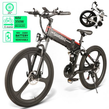 SAMEBIKE 26" Electric Mountain Bike 350W 48V 10AH, Folding Electric Bicycle for Adults with Shimano 21 Speed & LED Display