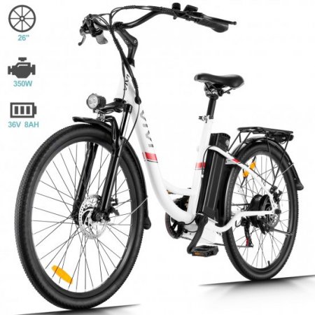 350W 26" 25 Mileage Electric Bike Adjustable Comfortable Cruiser and Hybrid Bicycle wtih Double Disc Brakes, 3 Mode & 7-Speed Gear, Removable Lithium-ion Battery, Headlamp Commuter Electric Bicycle