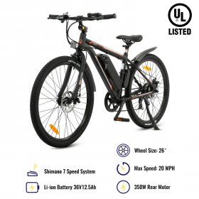 ECOTRIC UL 26" 36V 350W 12.5AH Black Electric City Snow Mountain Beach Bicycle e-Bike Shimano 7 speed Pedal Assist Brushless Motor Cruiser E-Ride