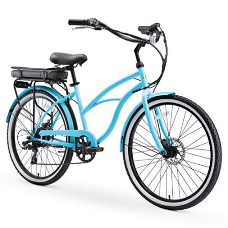 sixthreezero Around The Block Women's Electric Bicycle, 7-Speed Beach Cruiser eBike, 500 Watt Motor, 26" Wheels, Teal Blue with Black Seat and Grips