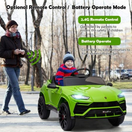 Kids Electric Cars for Backyard, Licensed Lamborghini Ride-on Toy, 12V Rechargeable Battery Powered 4 Wheels Car with Remote Control, Horn, Radio, USB Port, Spring Suspension, LED Light, Green