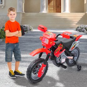 Qaba 6V Kids Battery-Powered Electric Ride-On Motorcycle Dirt Bike Toy with Training Wheels - Red