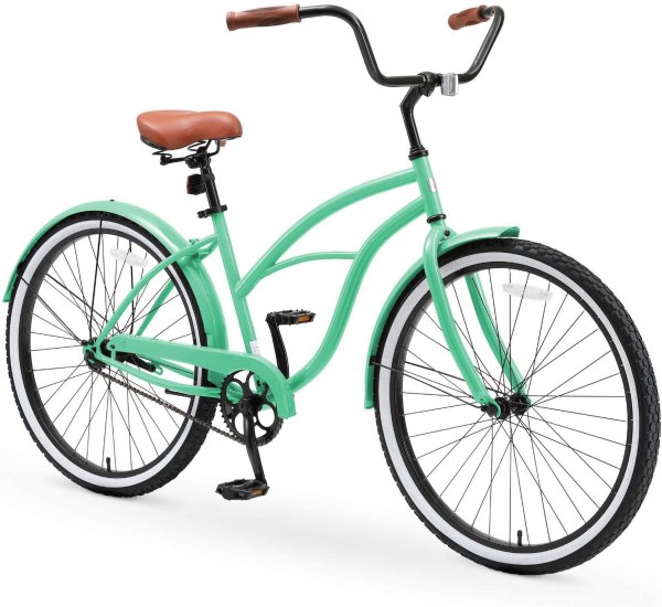 sixthreezero Around the Block Casual Edition Women\'s Single Speed Beach Cruiser Bike, 26 In. Bicycle, Mint Green with Brown Seat and Brown Grips