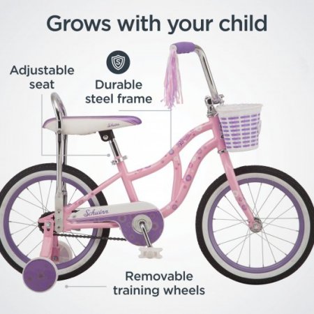 Schwinn kids bike, 16-inch wheel, training wheels, girls, pink, banana seat