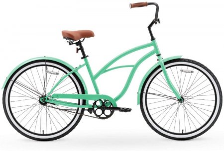 sixthreezero Around the Block Casual Edition Women's Single Speed Beach Cruiser Bike, 26 In. Bicycle, Mint Green with Brown Seat and Brown Grips