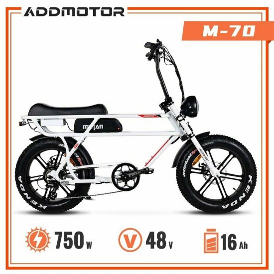 20\" Electric Cruiser Bike for Adult 750W 16Ah 48V E-bike Addmotor M-70 R7 Mini Motorcycle, White