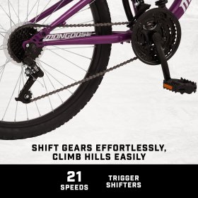 Mongoose Major Mountain Bike, 24-inch wheels, 21 speeds, purple.