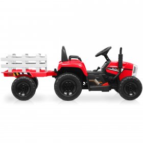 Kidzone 12V Kids Ride On Electric Tractor With Trailer W/LED Lights USB & Bluetooth, Red