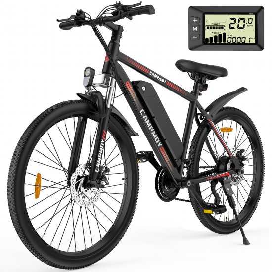 Campmoy Electric Bike Electric Mountain Bike 350W Ebike 26\'\' Electric Bicycle, 20MPH Adults Ebike with Removable 10.4Ah Battery, 21 Speed Gears, Free Bike Lock