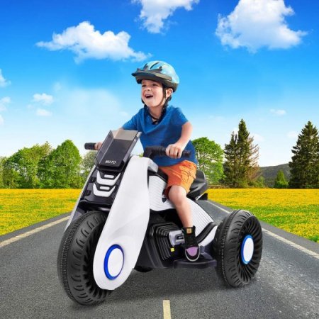 Children Electric Motorcycle, 3 Wheels Double Drive Toy, 6V Battery Powered Ride On Toy, Electric Mini Bike with Music Play Function and Pedal Switch for Kids Toddlers, Birthday Christmas Gift