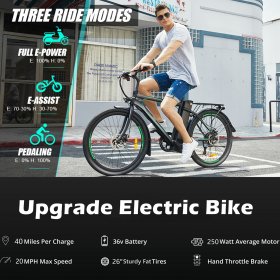 26" Electric Mountain Bike for Audlts, Electric Commuting Bicycle with Removable 36V 10Ah Battery City Ebike 25-40 Mile Range 6-Speed Gears Cruiser Bicycle