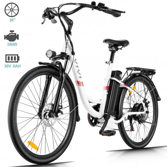 350W 26\" 25 Mileage Electric Bike Adjustable Comfortable Cruiser and Hybrid Bicycle wtih Double Disc Brakes, 3 Mode & 7-Speed Gear, Removable Lithium-ion Battery, Headlamp Commuter Electric Bicycle