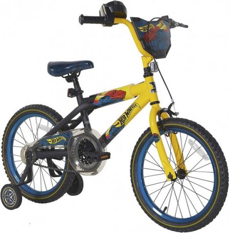 Dynacraft Hot Wheels Boys BMX Street/Dirt Bike with Hand Brake, 18" - Rev' Grip Yellow