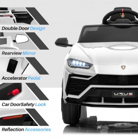 Kidzone 12V 7AH Kids Ride On Car Licensed Lamborghini Urus Electric Vehicle High/Low Speed With 2.4G Remote Control, Horn, USB Port, USB, AUX, Spring Suspension, Opening Door, LED light, White