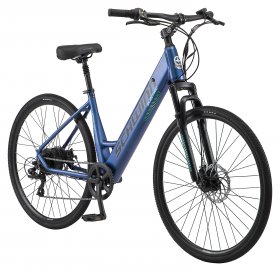 Schwinn Electric Hybrid Bike, 700c wheels, 7 speeds, 250-watt pedal assist motor, light blue
