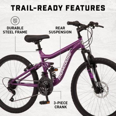 Mongoose Major Mountain Bike, 24-inch wheels, 21 speeds, purple.