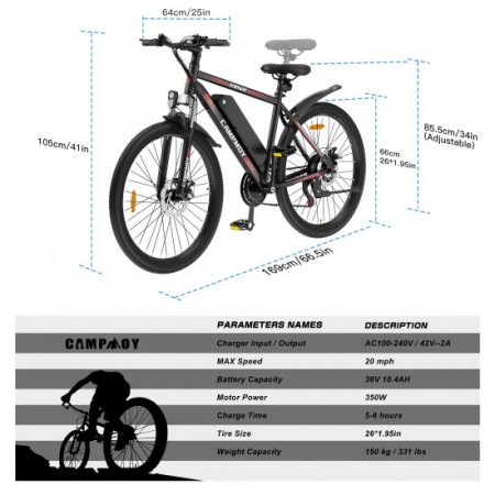 Campmoy Electric Bike, Mountain Bicycle with LCD Display & Removable 36V Battery, E-Bike w/ 5 Levels Electric/Pedal Assist Modes, 350W Motor for Commuting