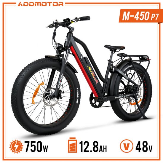 Addmotor 750W 48V 12.8Ah 23MPH 26\" Step-Thru Electric Mountain Bicycles, Adults Commuting Bikes, Black