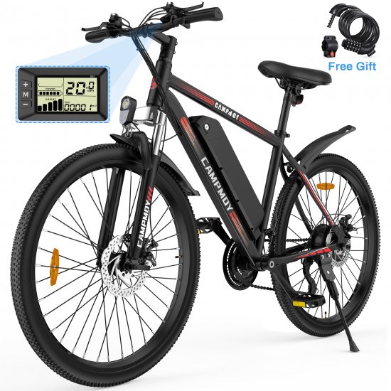 Electric Mountain Bike, Campmoy Upgrade 350W Electric Bike 20MPH Adult Ebike, 36V/10.4Ah Removable Battery, Shimano 21-Speed Shifter, 4 Working Modes, IPX5 Waterproof, Free Bike Lock