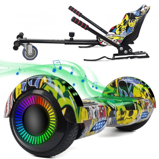 CBD Bluetooth Hoverboard with Seat Attchment Two-Wheel Self Balancing Scooter 6.5\" with LED Lights Electric Scooter for Kids Adults Gift Graffiti