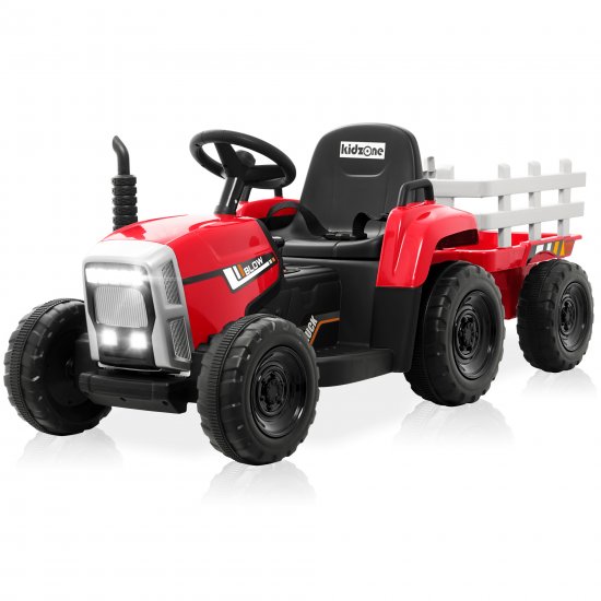 Kidzone 12V Kids Ride On Electric Tractor With Trailer W/LED Lights USB & Bluetooth, Red