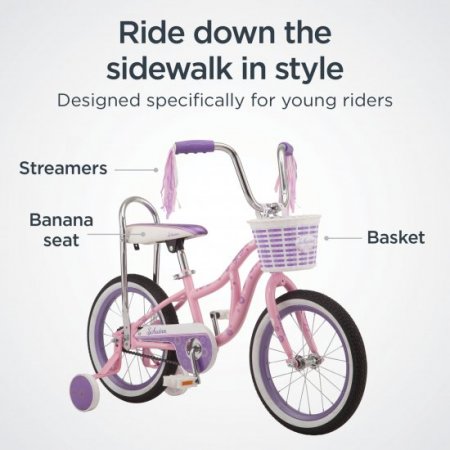 Schwinn kids bike, 16-inch wheel, training wheels, girls, pink, banana seat