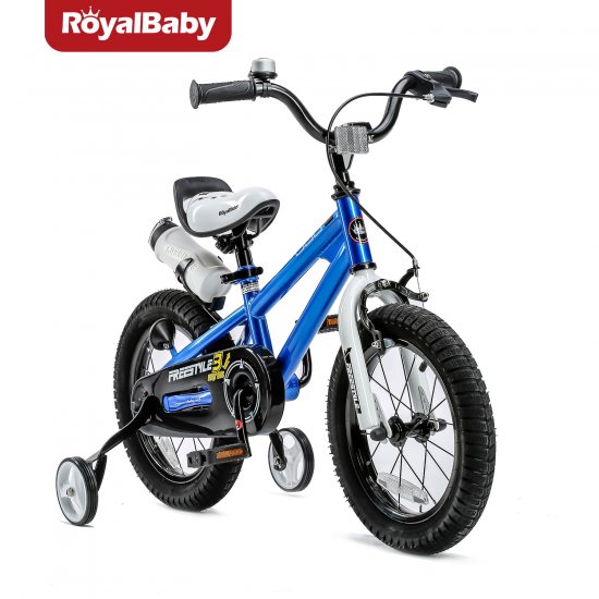 Royalbaby Freestyle 14 In. Blue Kids Bike Boys and Girls Bike with Training wheels and Water Bottle