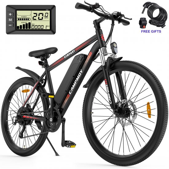 Campmoy Electric Bike, Electric Mountain Bike 26\" 350W Electric Commuter Bicycle with 36V/10.4Ah Removable Lithium-Ion Battery, Fast Charge, Shimano 21-Speed and Suspension Fork