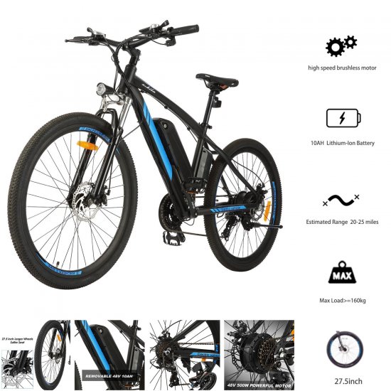 Electric Mountain Bike 27.5\'\' Electric Bicycle, Newest 500W Ebike with 48V 10A Lithium-Ion Battery for Adults, 21 Speed and LCD/LED Display