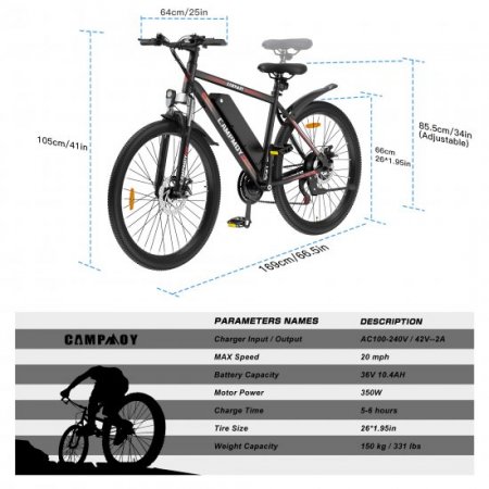 Campmoy 350W Electric Bike w/ Upgraded 21 Speed Transmission, Adult Ebike Electric Mountain Bicycle with Removable 36V/10.4Ah Battery, Up to 20MPH Speed, 4 Working Modes, Free Bike Lock