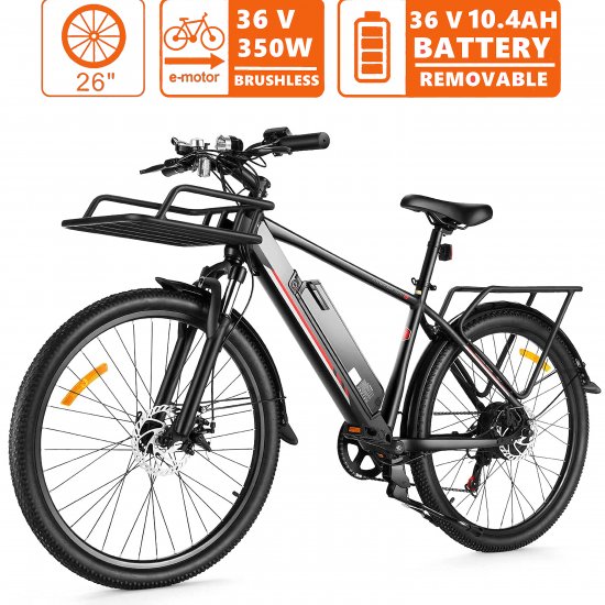 26\" Electric Bike, 350W Electric Mountain Bicycle Adult Commuter E-Bike with Removable 10.4Ah Battery, Professional 7-Speed Gears, Pedal assist and Throttle