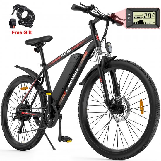 Campmoy 350W ELECTRIC Mountain Bike, Upgrade E-bike with 36V/10.4Ah Removable Battery, Shimano 21-Speed Shifter, 4 Working Modes, Up to 20MPH Speed, IPX5 Waterproof, Free Bike Lock