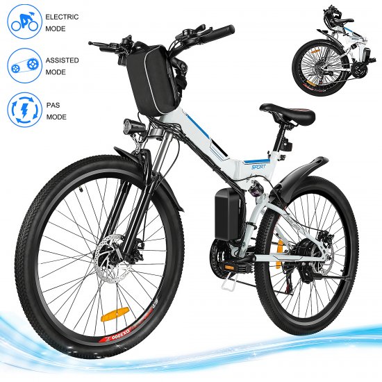 26\'\' Folding Electric Bike 21 Speed Electric Mountain Bicycle for Adults, Lightweight E-Bike with 36V 8AH Removable Lithium-Ion Battery Premium Full Suspension Moped City Commuter