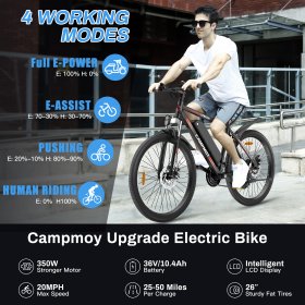Electric Mountain Bike, Campmoy Upgrade 350W Electric Bike 20MPH Adult Ebike, 36V/10.4Ah Removable Battery, Shimano 21-Speed Shifter, 4 Working Modes, IPX5 Waterproof, Free Bike Lock