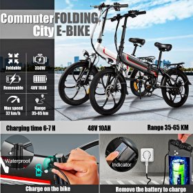 350W Folding Electric Bike, 20'' Electric Commuter Bicycle with 10AH Removable Lithium-Ion Battery, 48V 350W Motor and Professional Rear 7 Speed Gear Ebike for Adult Teens