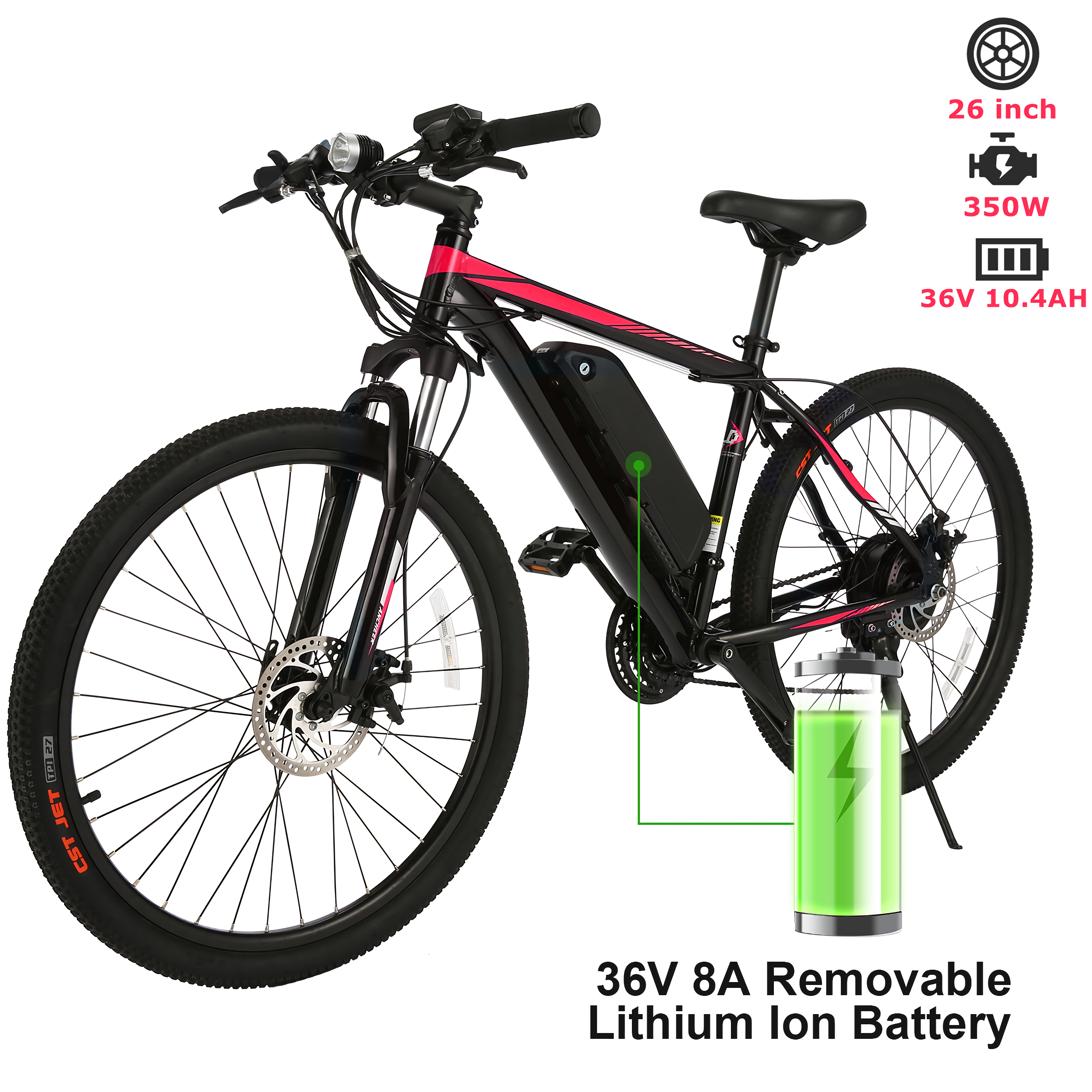 26'' 350W Electric Bike for Adult, Electric Mountain Bike With 36V/10.4Ah Removable Battery, 21 Speed Front Suspension Bicycle for Mountain Trail/Commuting