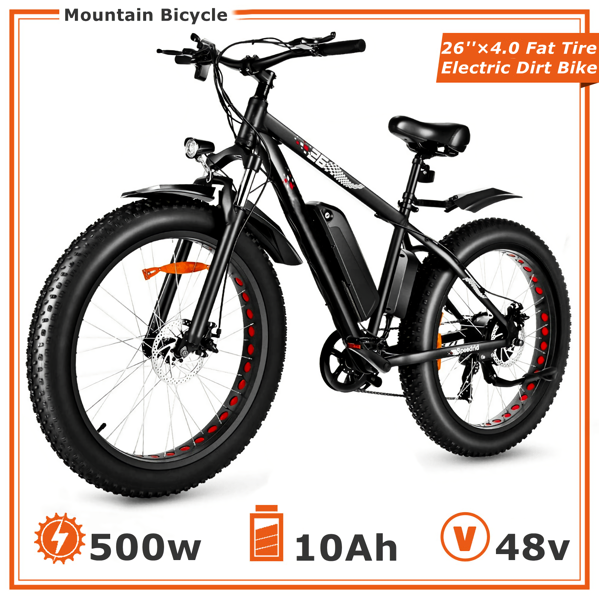 26" 4.0 Electric Mountain Bike Fat Tire Electric Bicycle, 48V 500W Powerful Motor, 48V 10Ah Removable Battery and Derailleur 7 Speed, Snow & Beach Riding