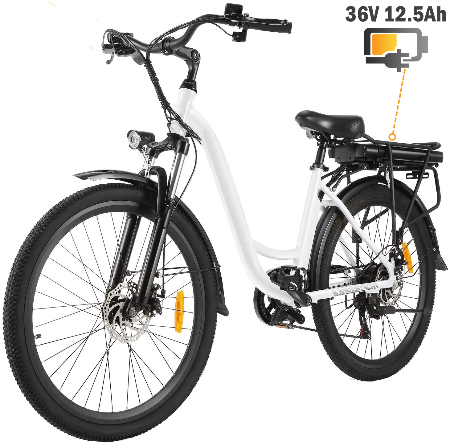 26" Electric Commuter Bicycle, Beach Cruiser Electric Bike for Women, Removable 12.5Ah Battery, Professional Derailleur with 6 Speed City Ebike, White