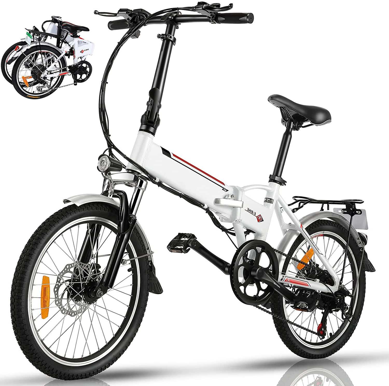 Folding Electric Bike, 20'' Electric Bicycle with 36V 8Ah Removable Lithium-Ion Battery, E-Bike with 250W Motor and 7 Speed Gears for Adult Teens, White