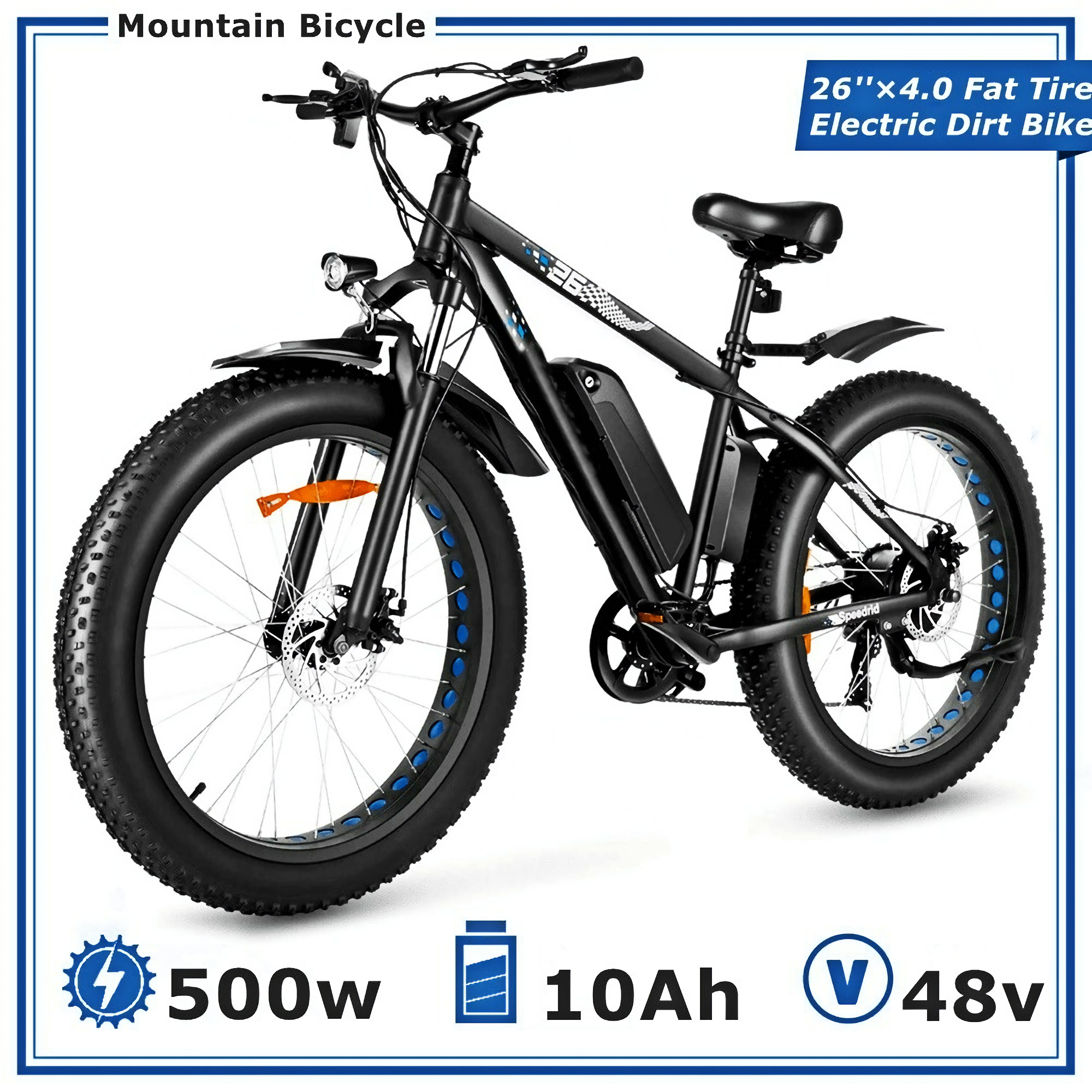 Fat Tire Electric Bicycle 26" Electric Snow Bike, 500W Powerful Motor, 48V 10Ah Removable Battery and Professional 7 Speed, Blue