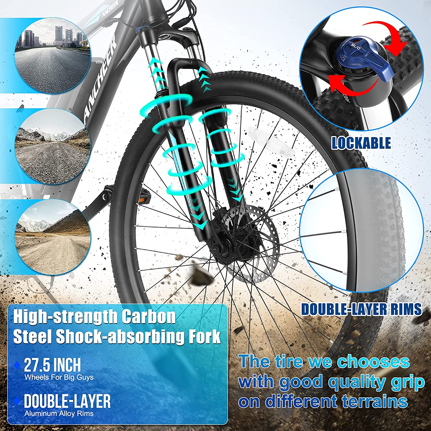27.5'' 20MPH Electric Mountain Bike Ebike with 21/24 High Speed Gears Removable 10.4Ah Battery,Blue Spark