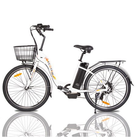 26\"36V 10AH 350W City Electric Bicycle e-bike White with Basket 7 Speed