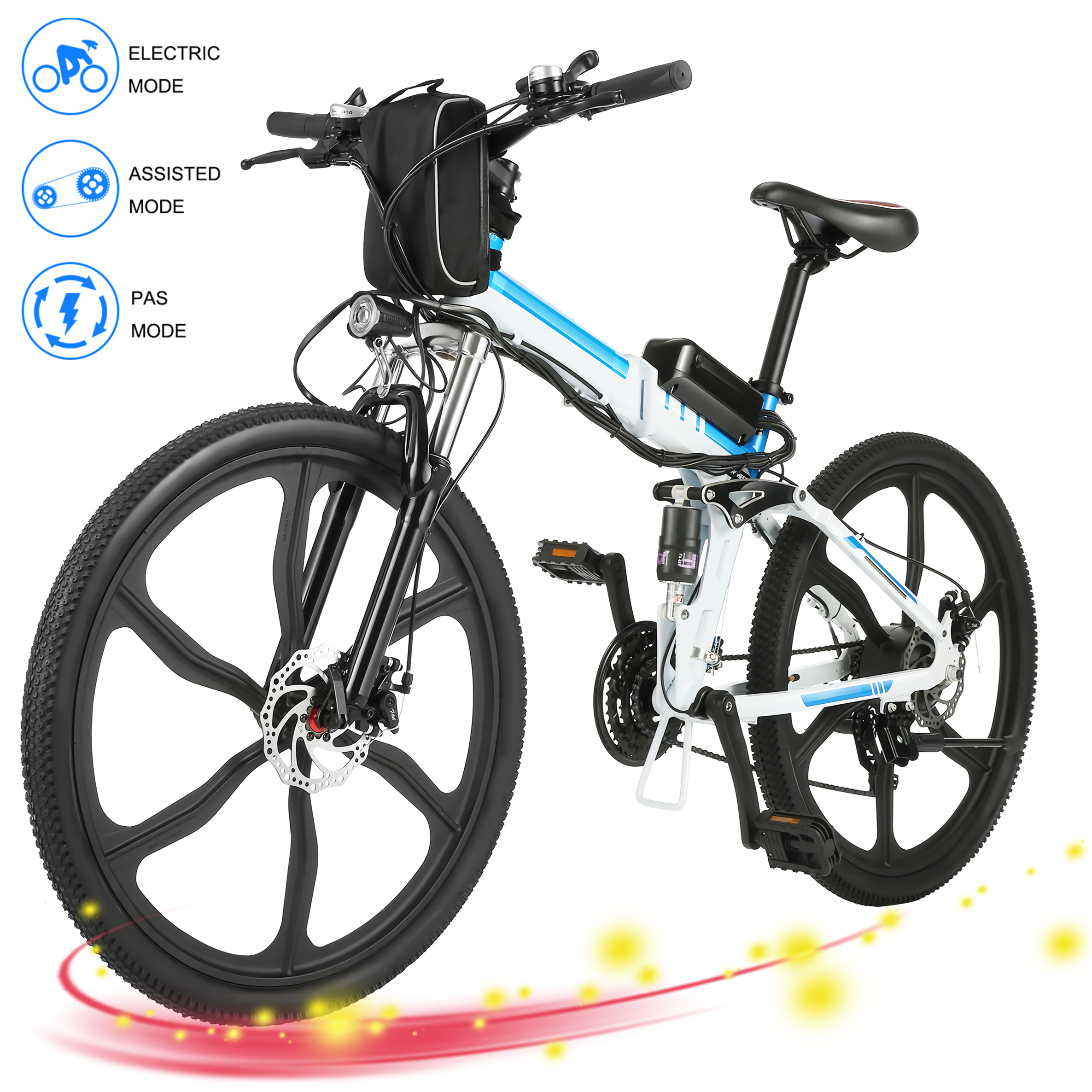 26" 21 Speed Folding Electric Bike with 36V Lithium-ion Battery, Women&Men E-Bike Mountain Bicycle with Bright LED Headlamp and Horn White