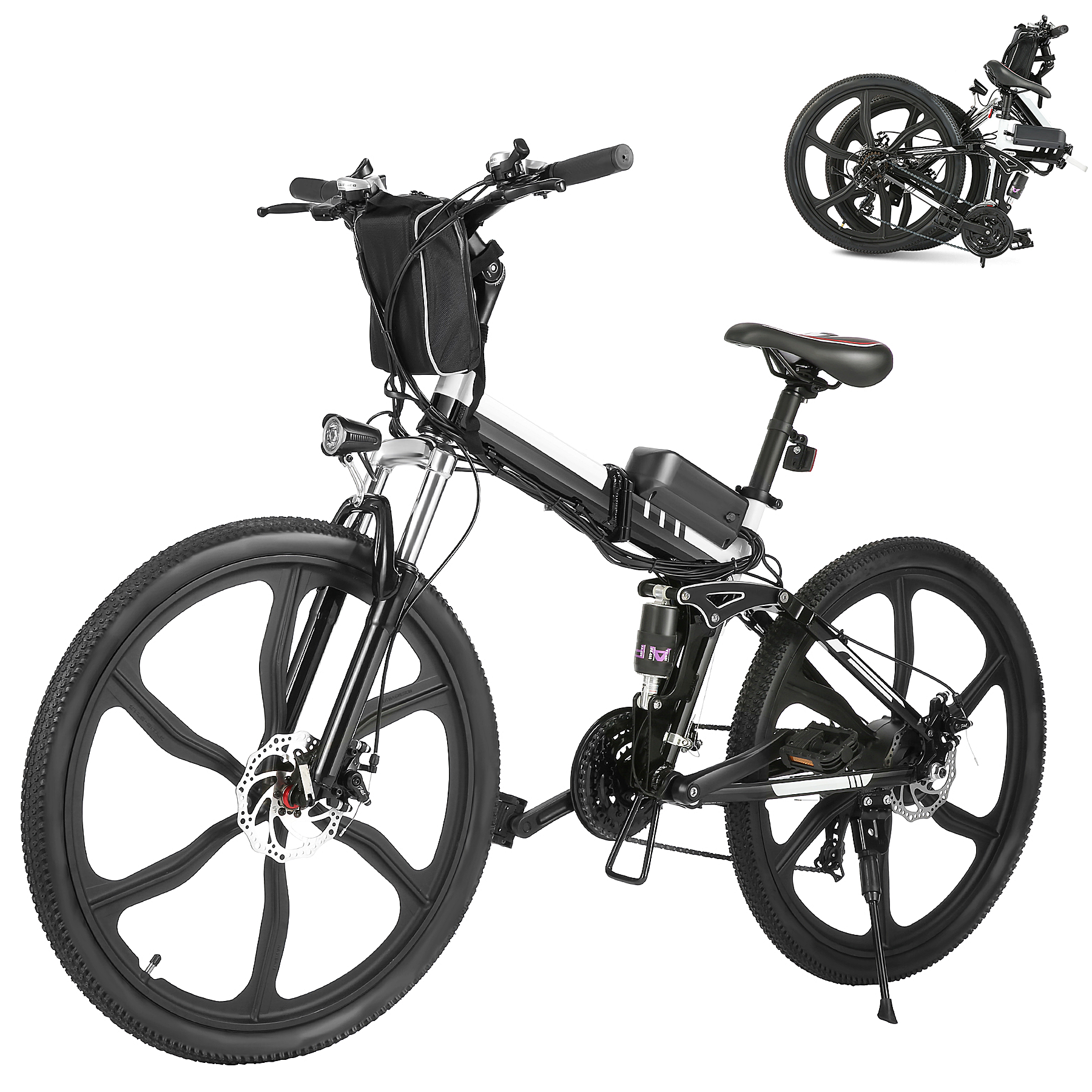 26 In. 21 Speed 36V Folding Electric Bike Mountain Bicycle with Removable Battery, Bright LED Headlamp and Horn for Adults, Stress-Free Climbing 30