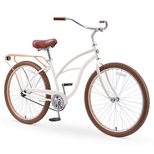 sixthreezero Around The Block Women\'s 26\" Single Speed New Beach Cruiser Bicycle with Rear Rack, Cream Coffee